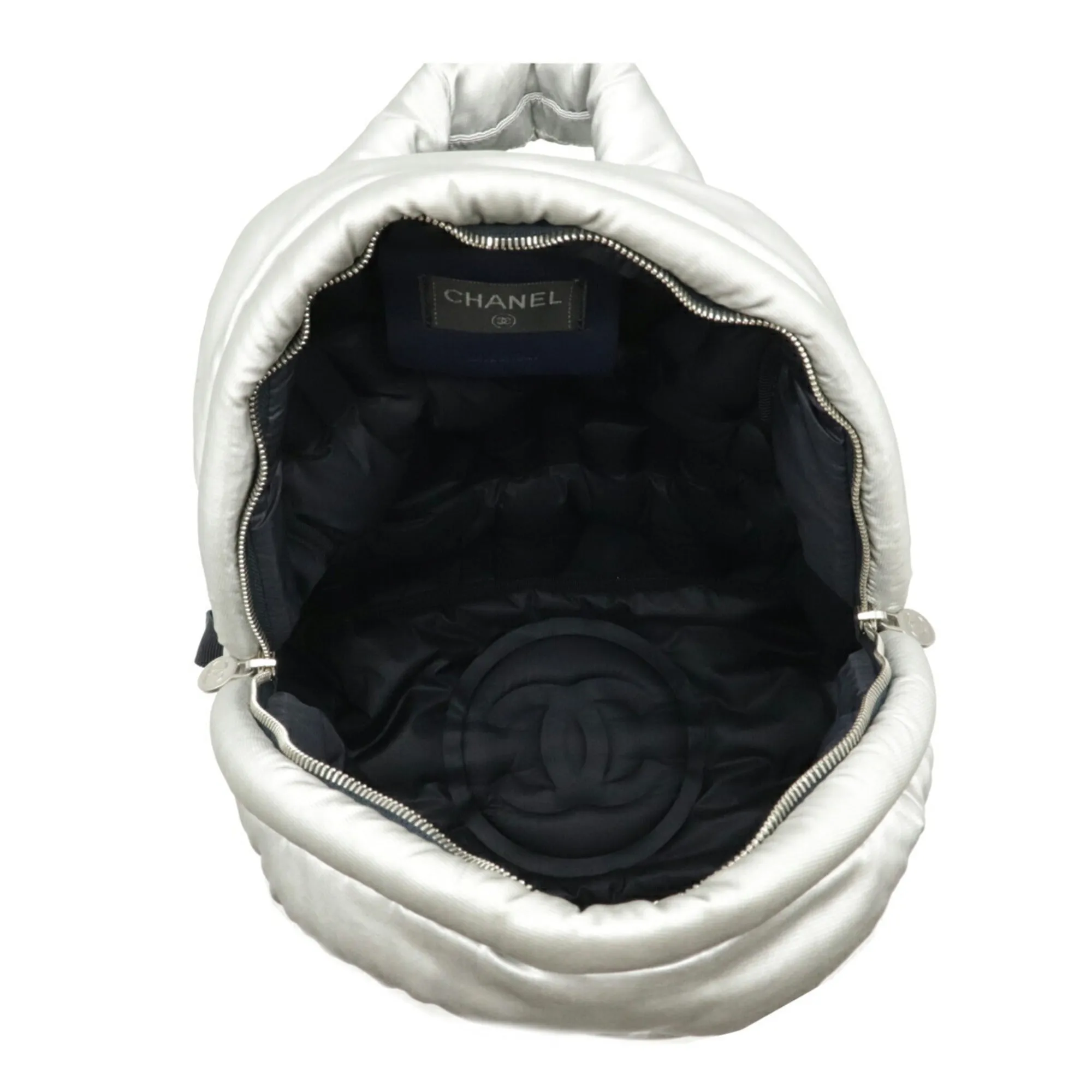 Chanel Dudone Backpack Rucksack Daypack Embossed Nylon Silver Black A91933
