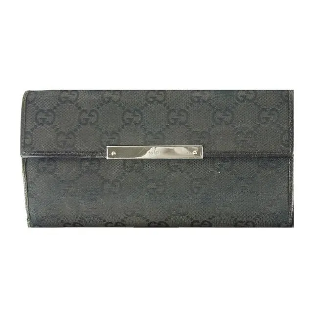 Gucci Black Large G Logo Print Canvas And Black Leather Vintage Wallet