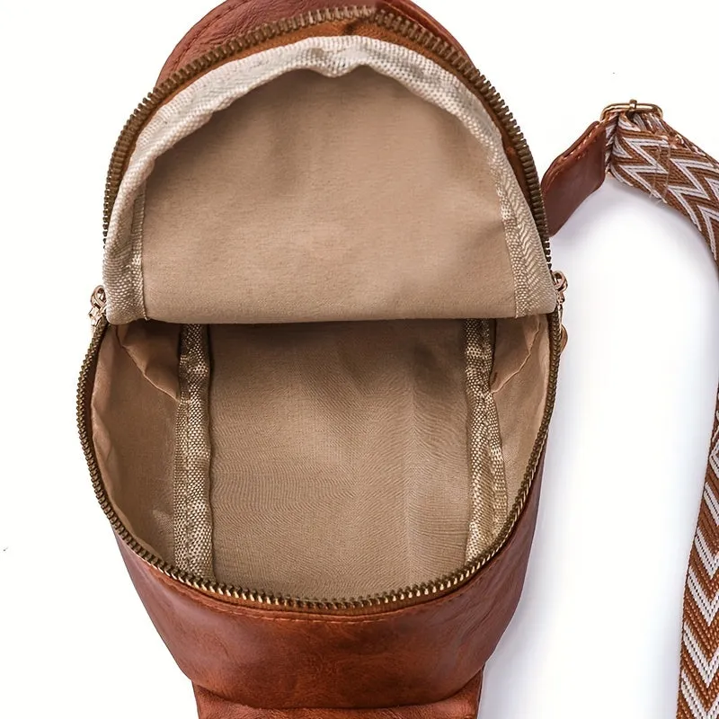 realaiot  Retro Chest Bag With Wide Strap, Faux Leather Crossbody Bag, Sling Daypack For Sports, Travel, Hiking, Cycling