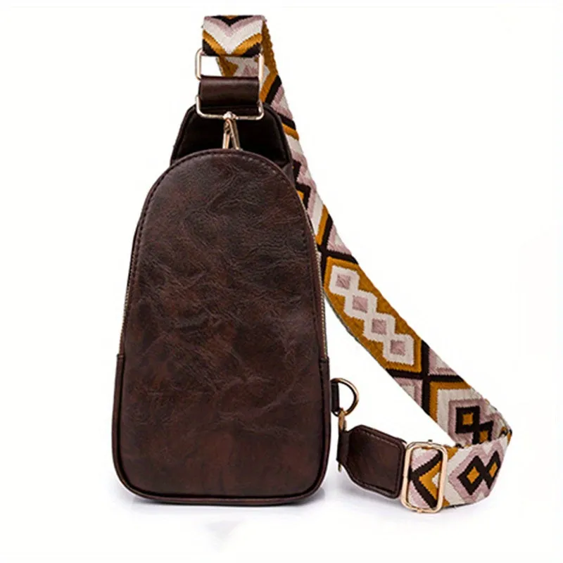 realaiot  Retro Chest Bag With Wide Strap, Faux Leather Crossbody Bag, Sling Daypack For Sports, Travel, Hiking, Cycling