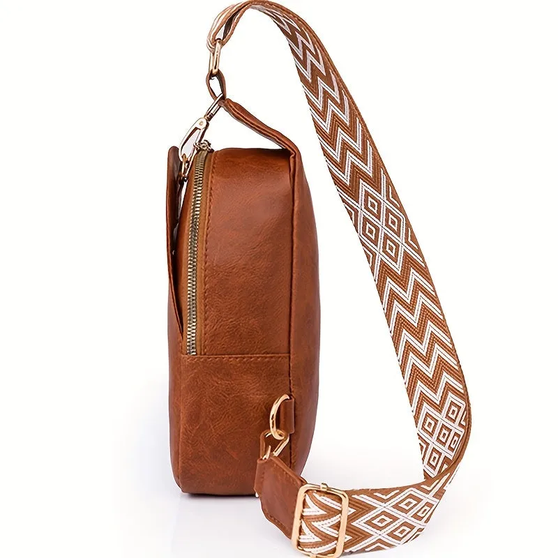 realaiot  Retro Chest Bag With Wide Strap, Faux Leather Crossbody Bag, Sling Daypack For Sports, Travel, Hiking, Cycling