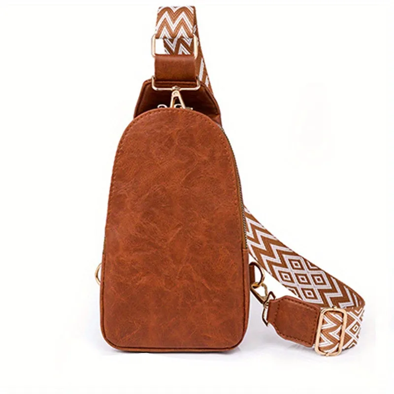 realaiot  Retro Chest Bag With Wide Strap, Faux Leather Crossbody Bag, Sling Daypack For Sports, Travel, Hiking, Cycling