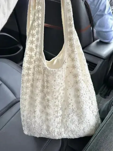 TAVIMART  -  Y2k Aesthetic Fashion Flower Design Tote Bags All Match Simple Chic Women Underarm Bag Vintage Casual Shoulder Handbags Trendy