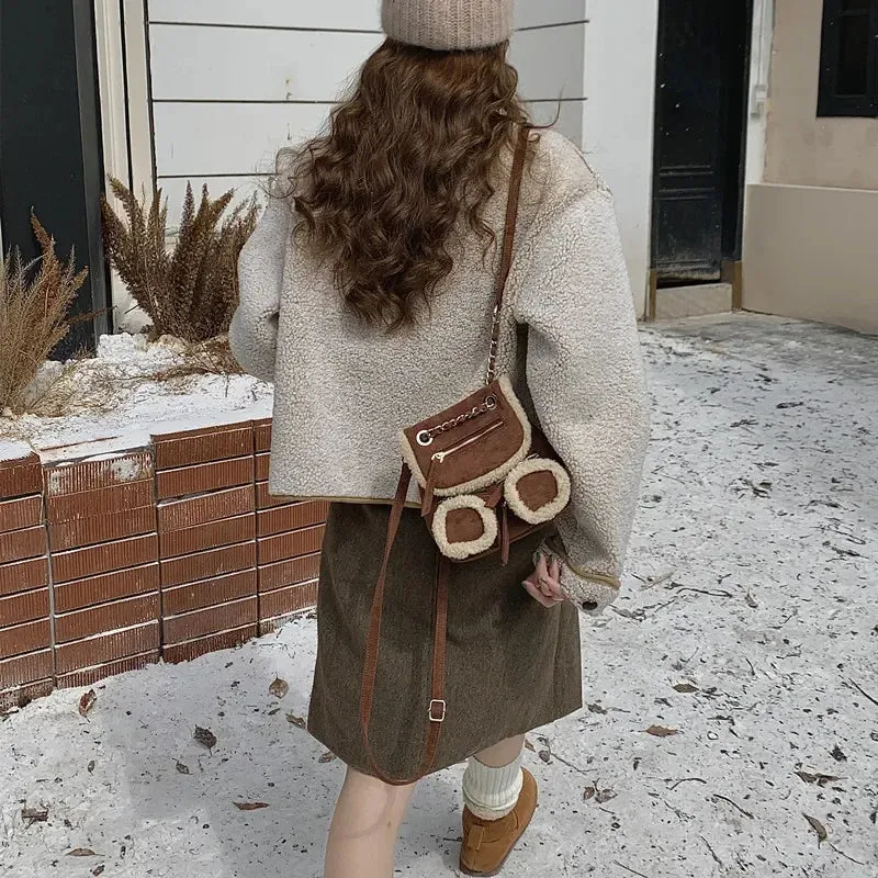 UAKISS  -  NEW Plush Backpack Solid Color Women Little Girls Wild Fashion Soft Autumn Winter Stylish Small Daypack for Shopping Street