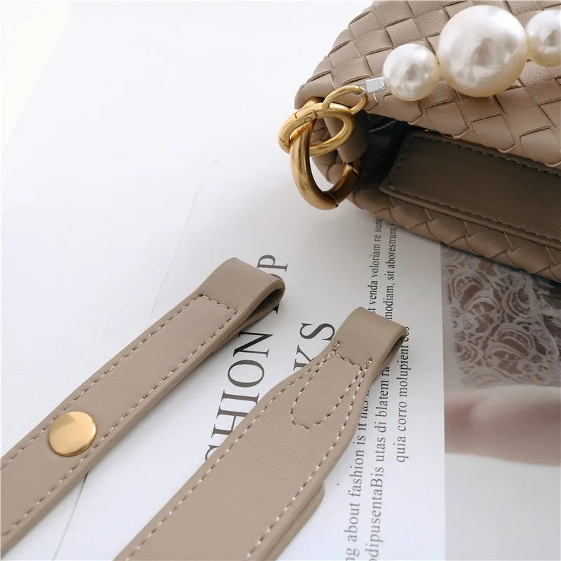 Womens Leather Woven Pearl Handle Shoulder Bag