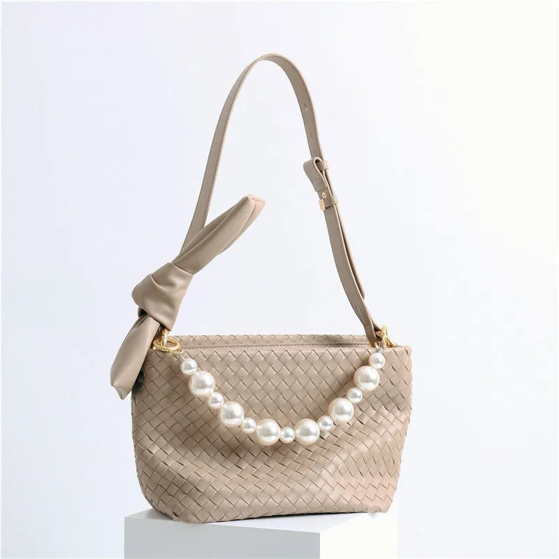 Womens Leather Woven Pearl Handle Shoulder Bag