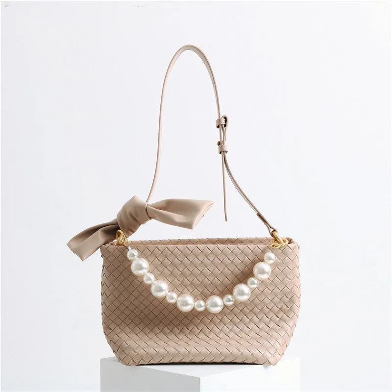 Womens Leather Woven Pearl Handle Shoulder Bag
