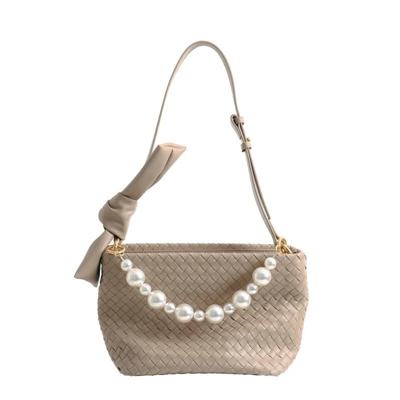 Womens Leather Woven Pearl Handle Shoulder Bag